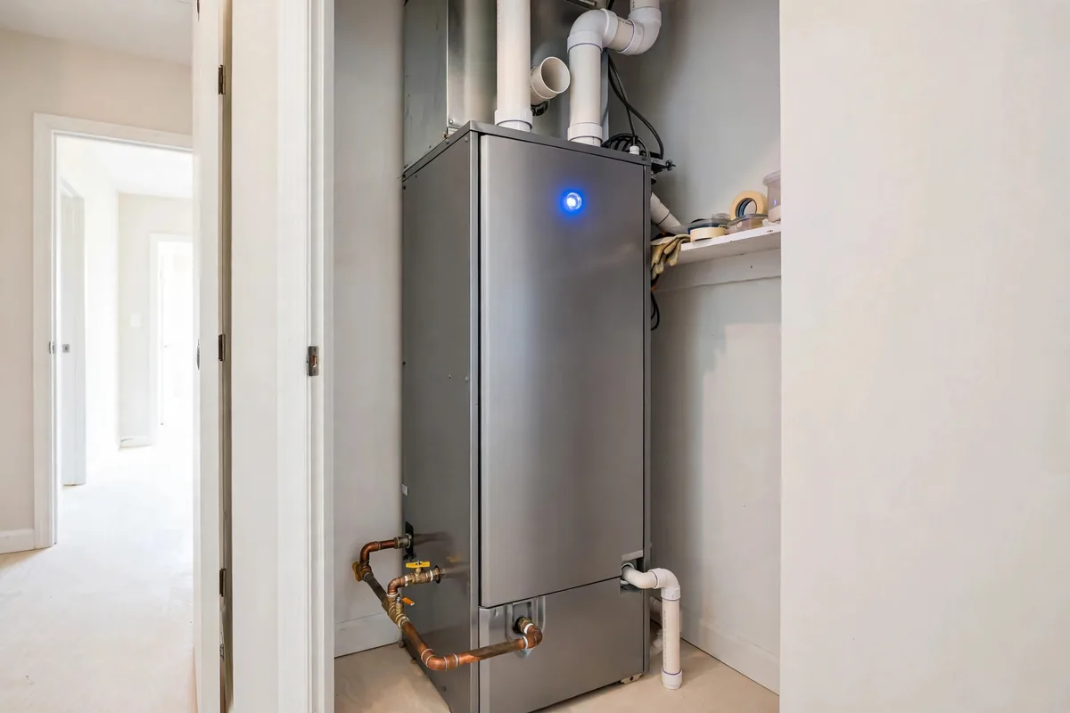 Modern high-efficiency gas furnace installed in a home